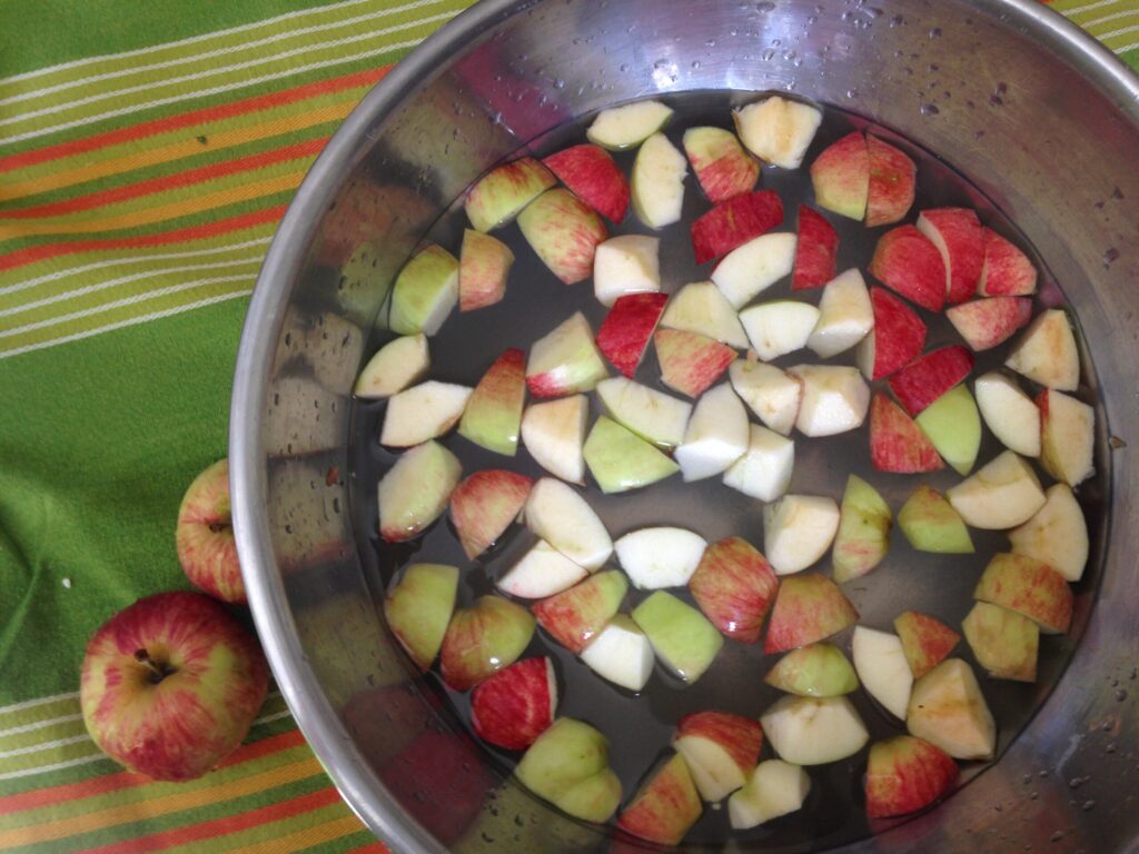 These are my perfect pie apples to be frozen for later use. My juice apples just needed to be cut in half with the stems removed. Your juicer may require something different, so please read the instructions.