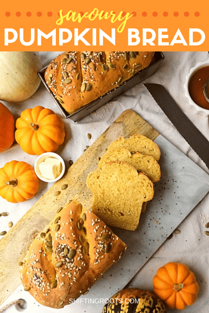 Try this delicious made from scratch savoury pumpkin bread as a sandwich bread, as toast, or made into dinner rolls. It's an easy healthy recipe made with yeast that your family, and even your kids, is sure to love. #pumpkin #bread #recipe #easy #healthy #dinnerrolls #baking #fall #autumn #fromscratch #Thanksgiving