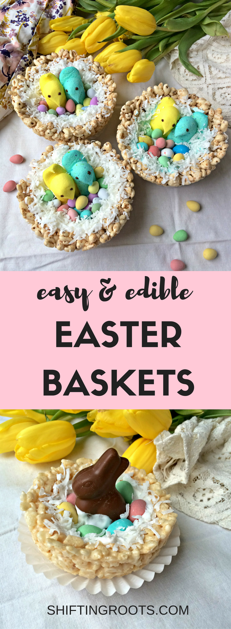 Check out this creative DIY Easter basket tutorial--everything is completely edible!  Make the nest from Rice Krispies or puffed wheat, then decorate with jelly beans, candy, coconut, chocolate, and peeps.  A fun recipe you can do with your kids. #easter #easterbasket #ricekrispietreats #ricekrispies #easter #easterideas #easterbasketideas #peeps #easternests 