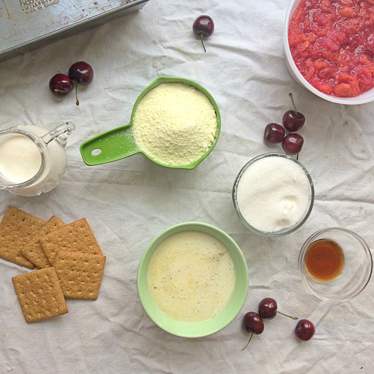 A flat lay image of ingredients for a recipe arranged on a white surface. Items include graham crackers, a pitcher of milk, a green measuring cup of flour, a bowl of sugar, a bowl of beaten eggs, a glass of vanilla extract, cherries, and a bowl of crushed cherries.