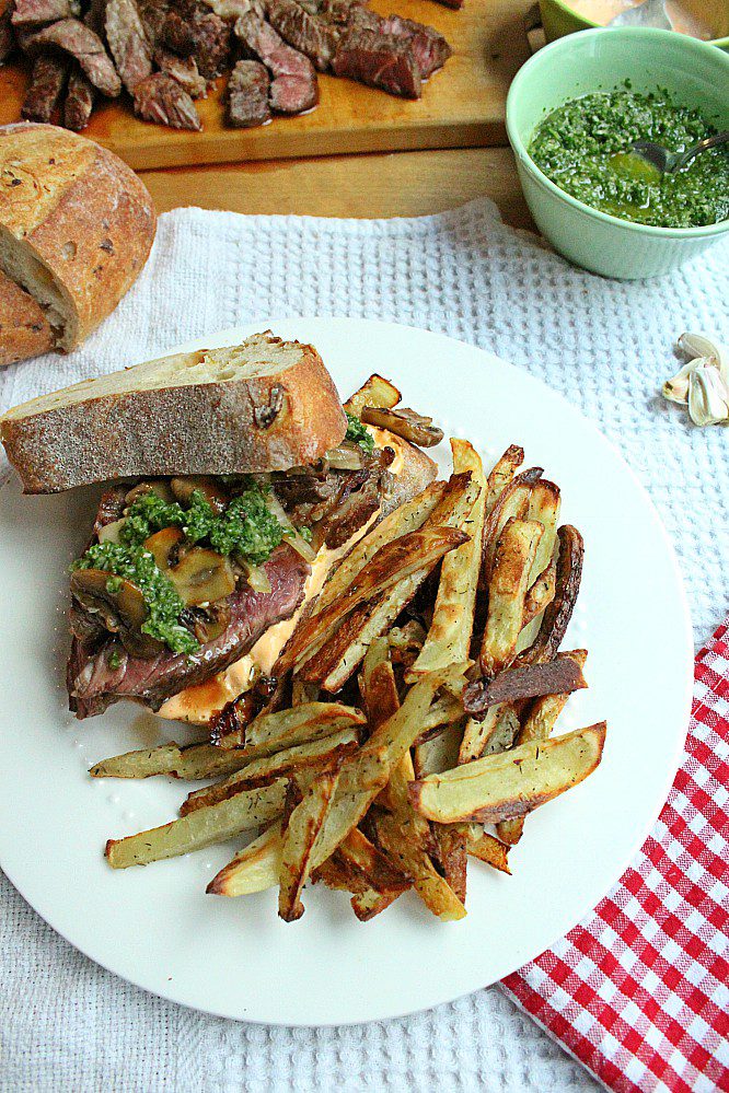 A steak sandwich is the ultimate in lunchtime comfort food. We take ours to the next level with chimichurri sauce and sriracha mayo. Make this recipe to celebrate Father's Day, or any time you're craving steak for lunch or supper.