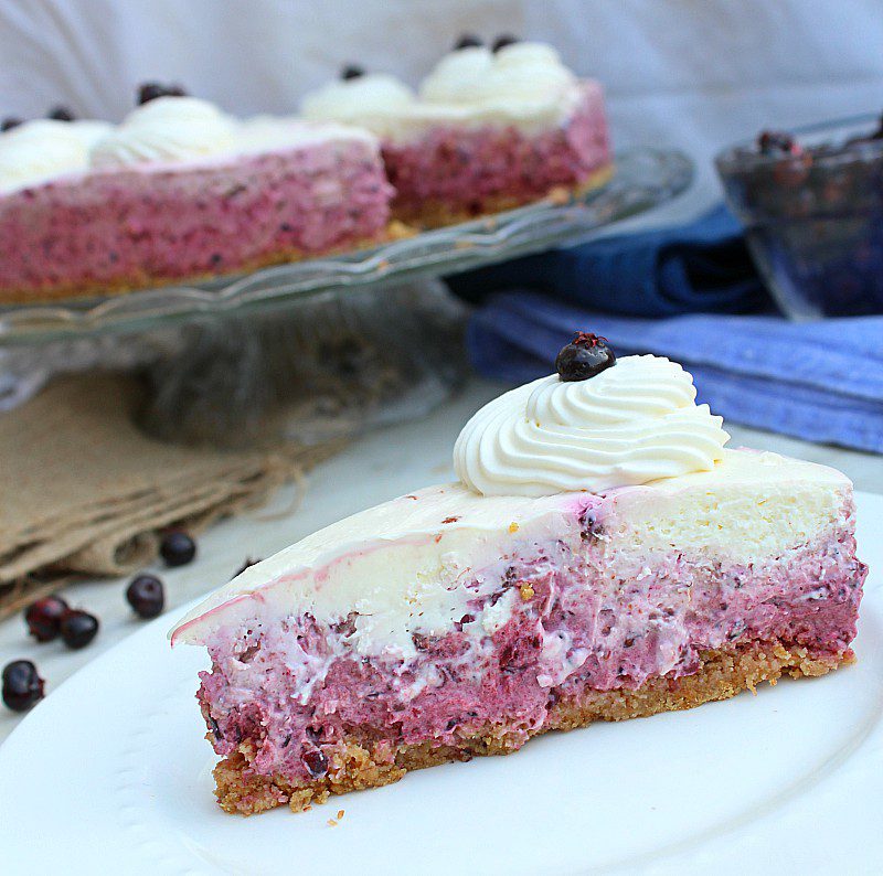 Dreading turning on your oven? No bake Saskatoon berry cheesecake to the rescue! Make this easy summer dessert recipe when you need a fancy cake with fresh summer berries.