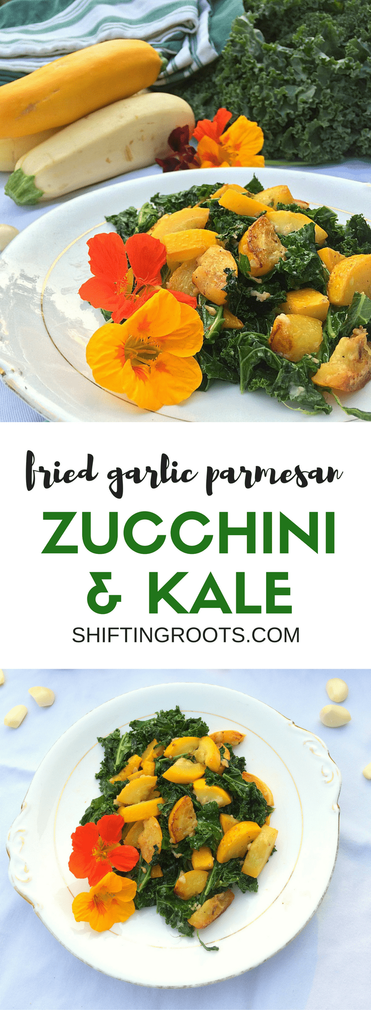 An easy summer side dish recipe to use up your garden produce. Tender zucchini and crisp kale shine when fried and paired with garlic and parmesan. So good even your zucchini-hating friends will like it. Sub in summer squash for a tasty alternative!