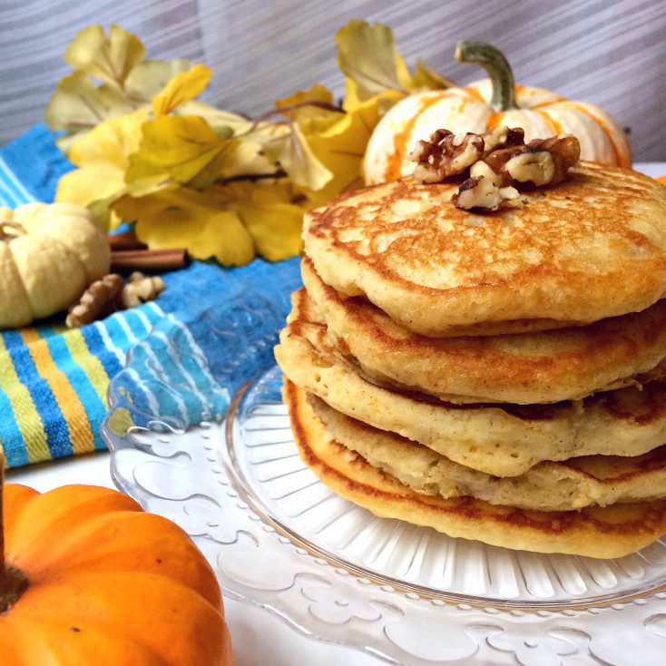 Need a quick, easy, and healthy fall breakfast? Pumpkin Spice Pancakes to the rescue. Three basic ingredients and a few spices come together to make these delicious and fluffy pancakes. You'll want to try them with walnuts and a dash of maple syrup. Thanksgiving breakfast, anyone? #breakfast #healthy #quick #easy #pancakemix #pancakes #pumpkinspice #healthybreakfast #easyrecipe #quickrecipe #recipe #brunch #thanksgiving