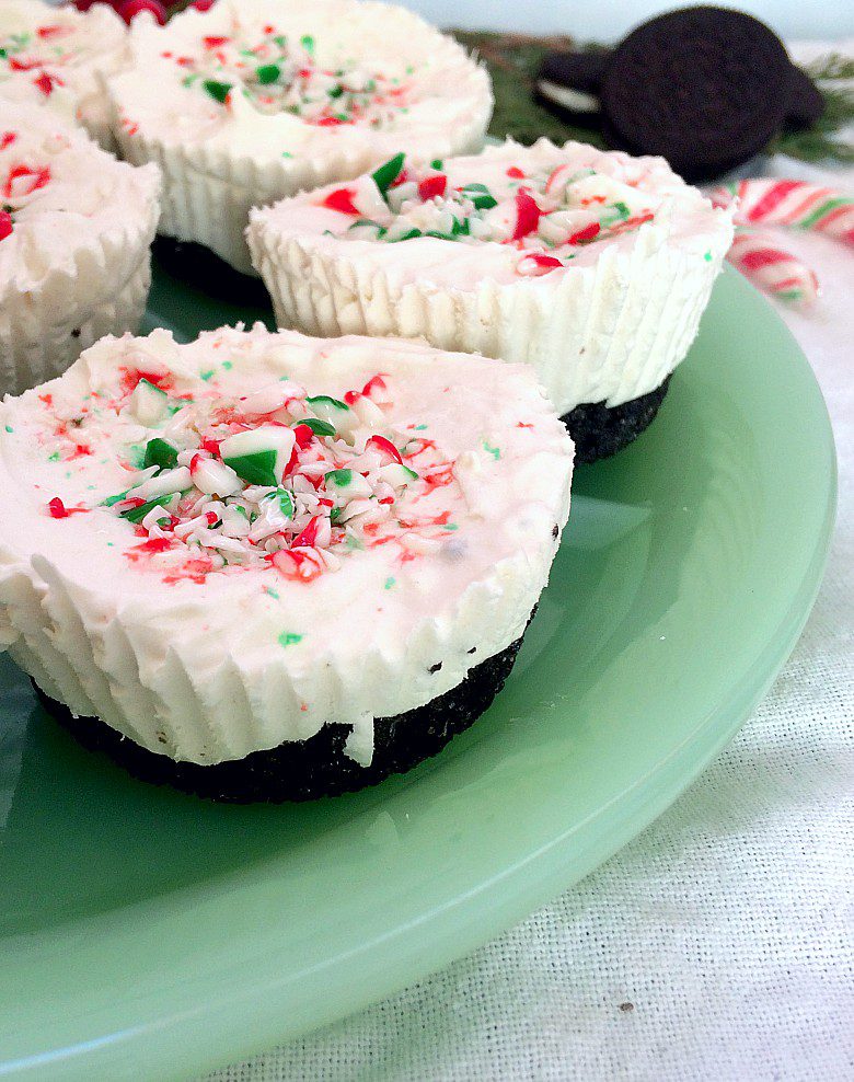 Trouble staying awake with all the Christmas baking you're doing? Make some of these no-bake mocha mint cheesecake bites. It's an easy mini cheesecake recipe with oreos, candy canes, and Dusty Plains Cold Brew Coffee that's like a party in your mouth. #cheesecake #christmasbaking #holiday #coldbrewcoffee #coffeerecipe #christmas #holidaybaking #nobakecheesecake #cheesecakebites #candycane #oreo