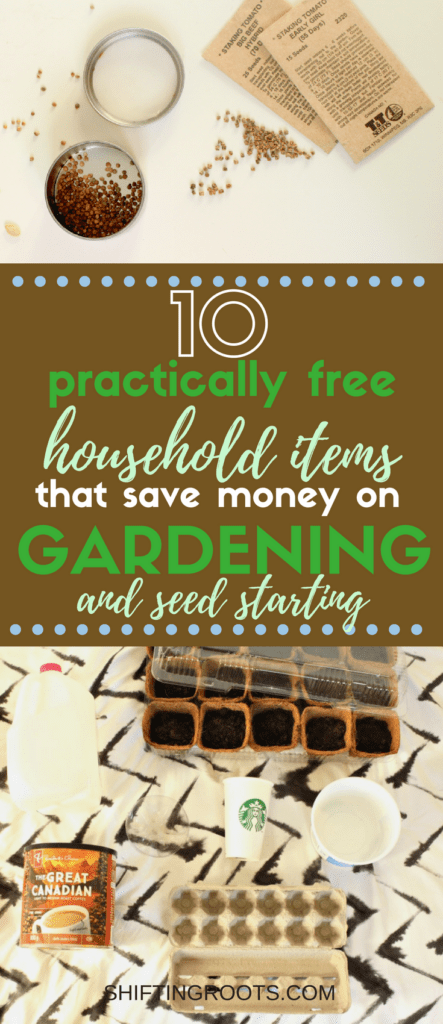 Upcycle these 10 common household items to save money gardening this spring. Soda bottles, plastic containers, egg cartons and more make creative mini-greenhouses, seed starting containers, and tomato cage reinforcements. Your wallet will love these creative garden recycling ideas. #gardening #savingmoney #frugalliving #upcycle #recycle #compost #zerowaste #seedstarting #staringseeds