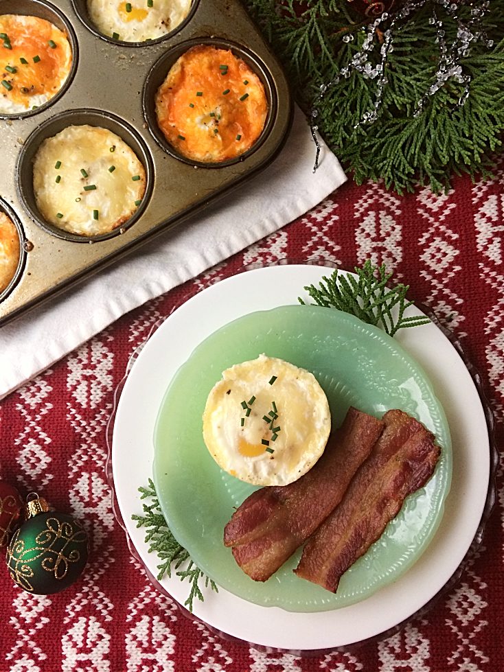 This Christmas morning breakfast idea is so easy and fast that there's no need to make ahead or overnight.  Individual Bbaked eggs in muffin tins are great for a savoury brunch for a crowd, families, and kids.  Bonus, there's only 10 minutes of prep and it's gluten free too! #christmasmorning #christmasbreakfast #glutenfree