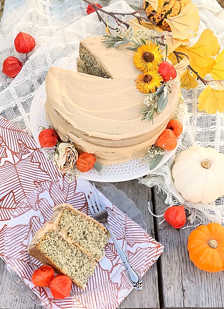 Say hello to my Mom's favourite birthday cake: poppyseed cake with caramel icing.  This version is easy to make and would make a lovely fall wedding cake with those gorgeous flowers!!  Check out the recipe.  #poppyseedcake #caramelfrosting