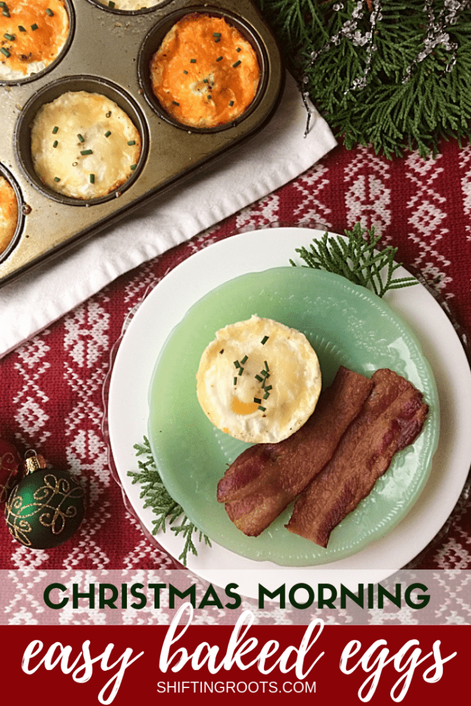 This Christmas morning breakfast idea is so easy and fast that there's no need to make ahead or overnight.  Baked eggs in muffin tins are great for a savoury brunch for a crowd, families, and kids.  Bonus, there's only 10 minutes of prep and it's gluten free too! #christmasmorning #christmasbreakfast #glutenfree