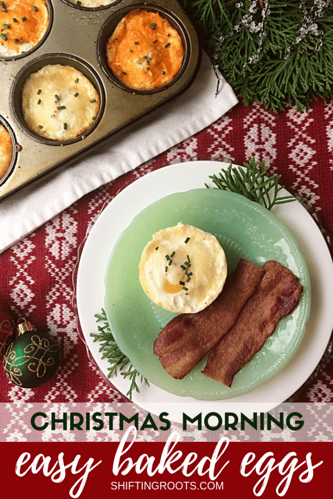 This Christmas morning breakfast idea is so easy and fast that there's no need to make ahead or overnight. Baked eggs in muffin tins are great for a savoury brunch for a crowd, families, and kids. Bonus, there's only 10 minutes of prep and it's gluten free too! #christmasmorning #christmasbreakfast #glutenfree