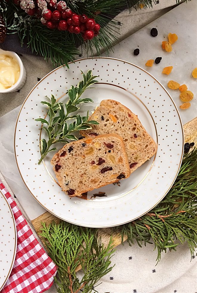 Hate fruitcake?  You'll love this German-Canadian hybrid of hutzelbrot and stollen.  It's a delicious Christmas fruit bread recipe in a loaf pan that your friends and family will actually want to eat this holiday.  Think of it as the best white fruitcake. #fruitbread #christmas #bread #hutzelbrot #stollen