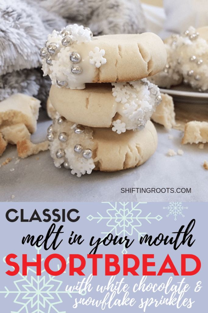 Your Christmas cookie exchange isn't complete without these easy, melt-in-your-mouth shortbread cookies dipped in white chocolate and snowflake sprinkles. Make a double batch, because the soft and buttery taste will have everybody coming back for more! #shortbread #cookies #Christmas #baking
