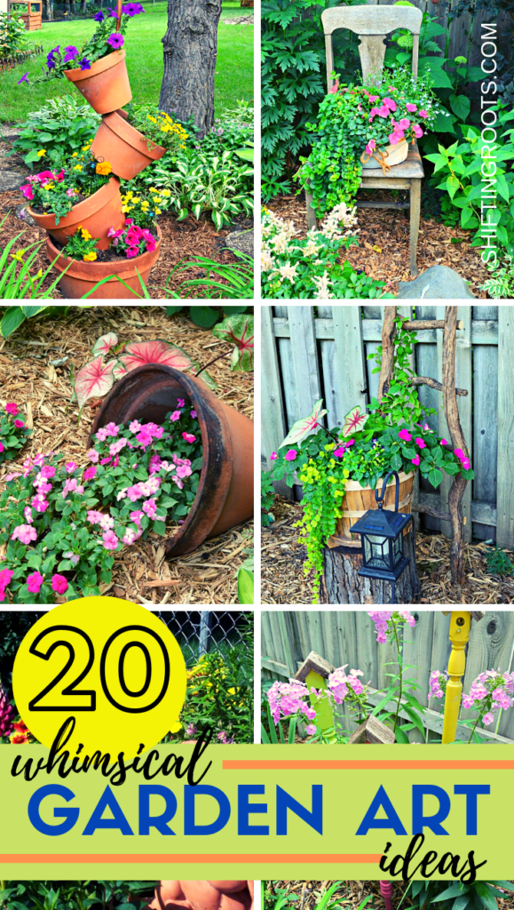 I think whimsical garden art really makes a backyard flower bed.  I love these 20 diy ideas that are either recylcled, upcylcled, or from junk that nobody wants.  I need to do some of these in my outdoor space. #gardenart #whimsical #flowergarden #landscapingideas