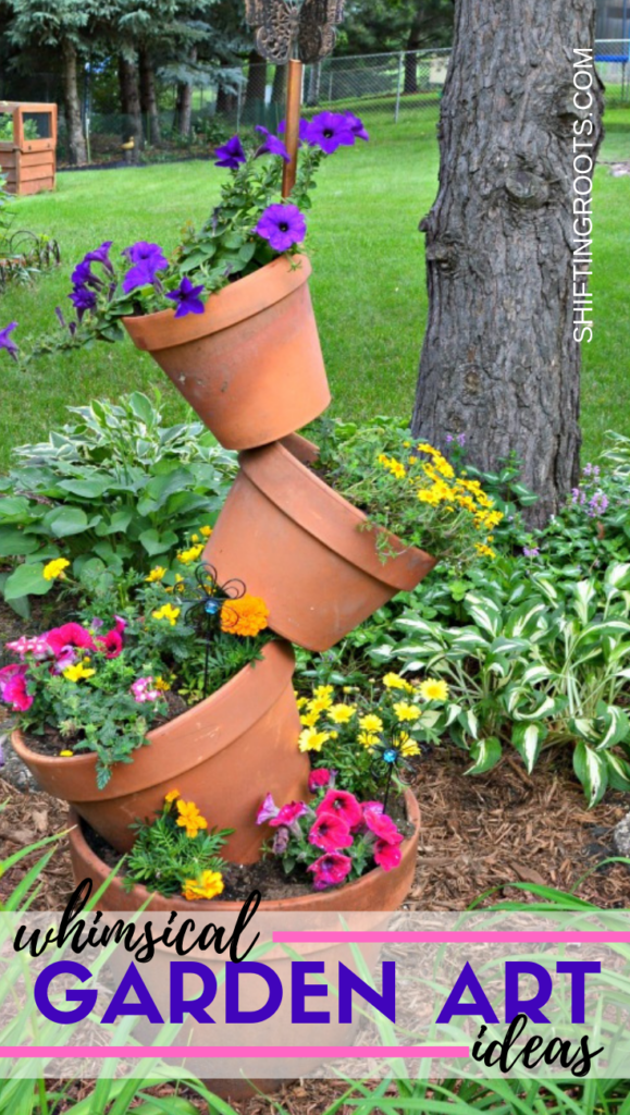 I think whimsical garden art really makes a backyard flower bed.  I love these 20 diy ideas that are either recylcled, upcylcled, or from junk that nobody wants.  I need to do some of these in my outdoor space. #gardenart #whimsical #flowergarden #landscapingideas