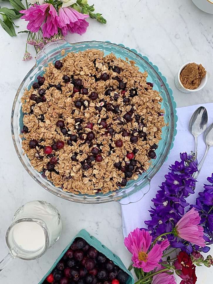 Delicious saskatoon berry crisp in breakfast casserole form.  You can use blueberries instead if you don't have saskatoon. #sasaktoonberry #blueberry #breakfast #crisp