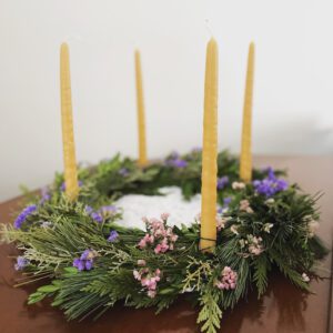 Handmade Advent Wreath with statice and hand-dipped beeswax candles
