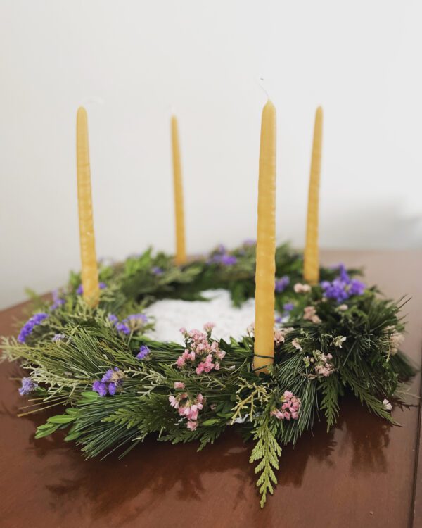 Handmade Advent Wreath with statice and hand-dipped beeswax candles
